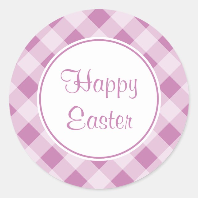 Lila Fröhliche Ostern Gingham Aufkleber (Vorderseite)