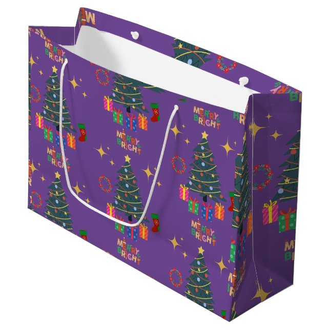 Lila fröhliche und helle Weihnachtsbaumen präsenti Große Geschenktüte (Vorderseite Schrägansicht)
