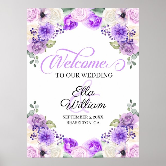 Lila Frühlingsflora Hochzeit im Herbst Begrüßungsz Poster (Vorne)