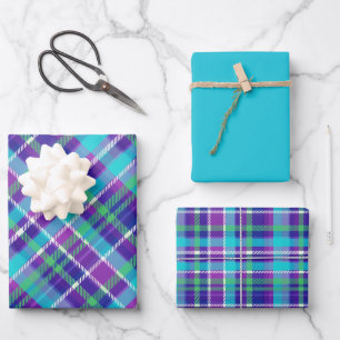 Lila, Fuchsia, Aqua, Grün, Blau und Weiß Kariert Geschenkpapier Set