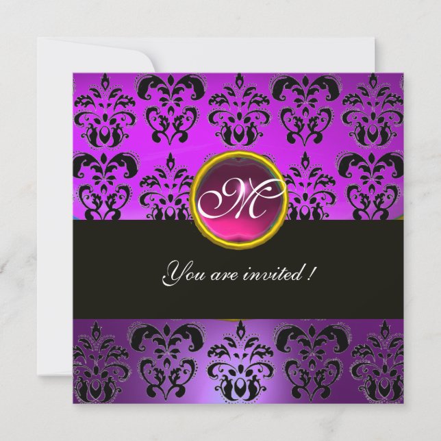 LILA FUCHSIA SCHWARZE DAMASK-MONOGRAM, rosa Amethy Einladung (Vorderseite)