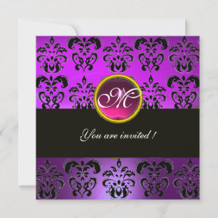 LILA FUCHSIA SCHWARZE DAMASK-MONOGRAM, rosa Amethy Einladung