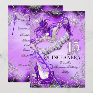 Lila Funkelnde Masken-Quinceanera-Geburtstagsfeier Einladung
