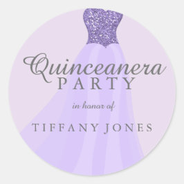 Lila funkelnder Glitzer Gown Quinceanera Party Runder Aufkleber