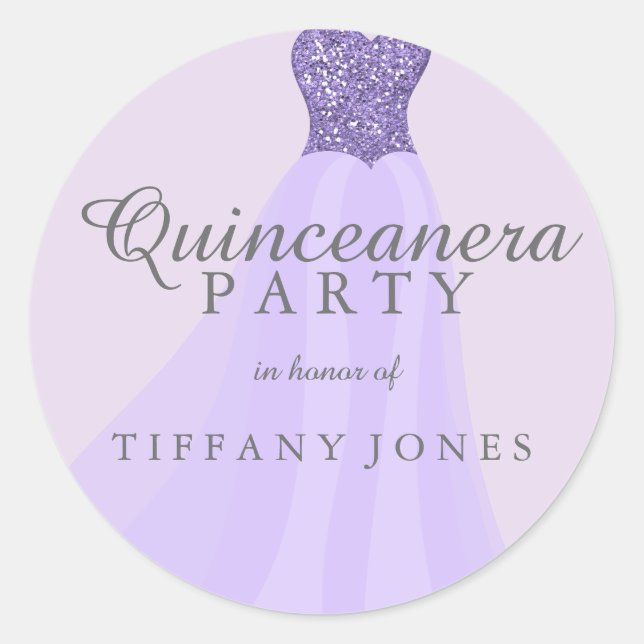 Lila funkelnder Glitzer Gown Quinceanera Party Runder Aufkleber (Vorderseite)