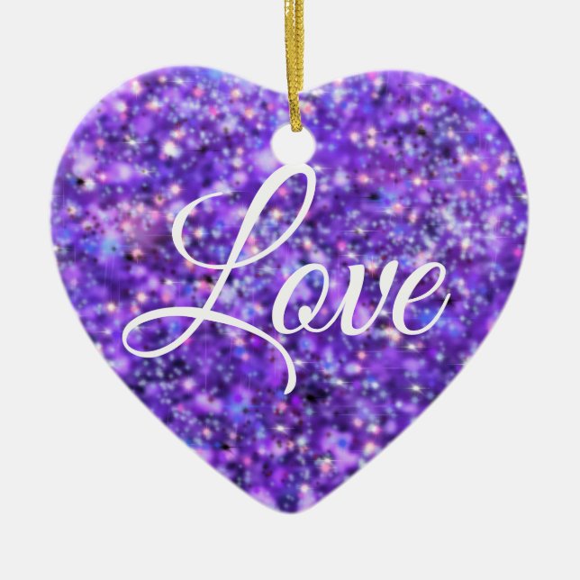 Lila funkelndes Herz, Liebe Glitzer Valentine Keramik Ornament (Vorne)