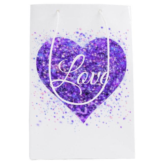 Lila funkelndes Herz, Liebe Glitzer Valentine Mittlere Geschenktüte (Vorderseite)