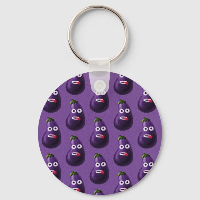 Lila Funny Cartoons Eggplant Muster Schlüsselanhänger (Vorderseite)
