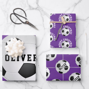 Lila Fußball-Bälle Kinder Name Weihnachten Geschenkpapier Set