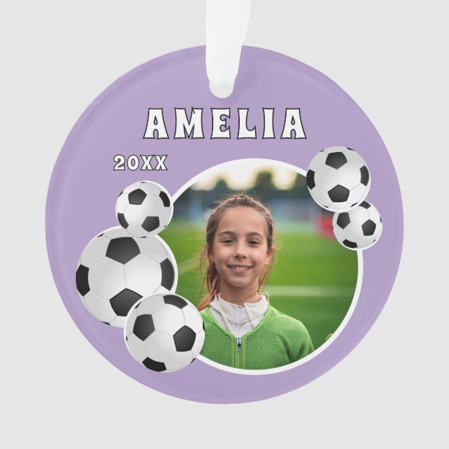 Lila Fußballball-Foto Ornament (Vorderseite)