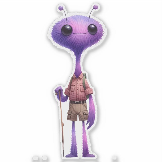 Lila Fuzzy Alien Hiker Sticker (Vorderseite)