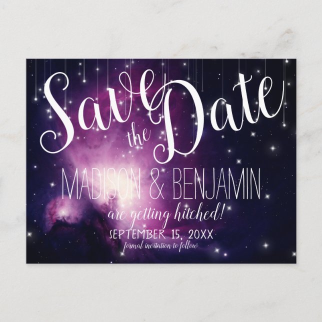 Lila Galaxie - Himmelsstrahlen Save the Date Postkarte (Vorderseite)