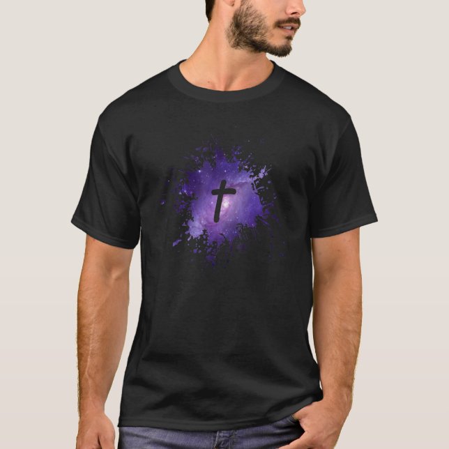 Lila Galaxie Spritzer mit Cross Christlich Men Wo T-Shirt (Vorderseite)