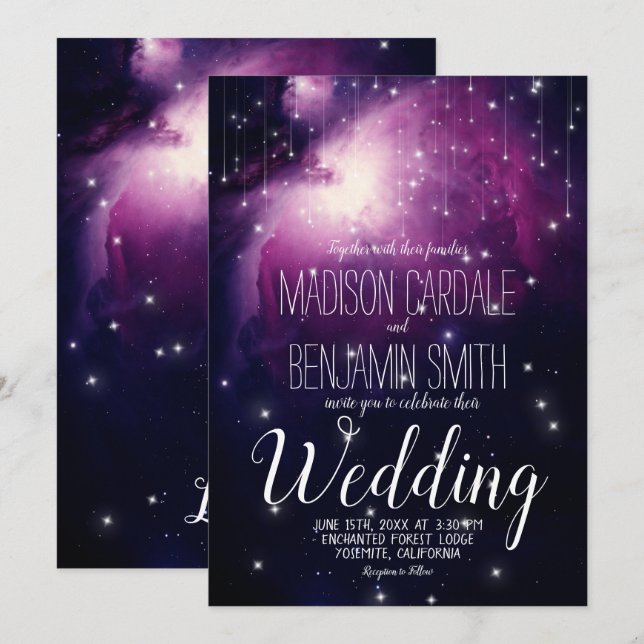 Lila Galaxy Celestial Stars Fairy Lights Hochzeit Einladung (Vorne/Hinten)