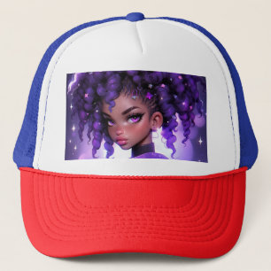 Lila Galaxy Girl mit Curly Hair Truckerkappe
