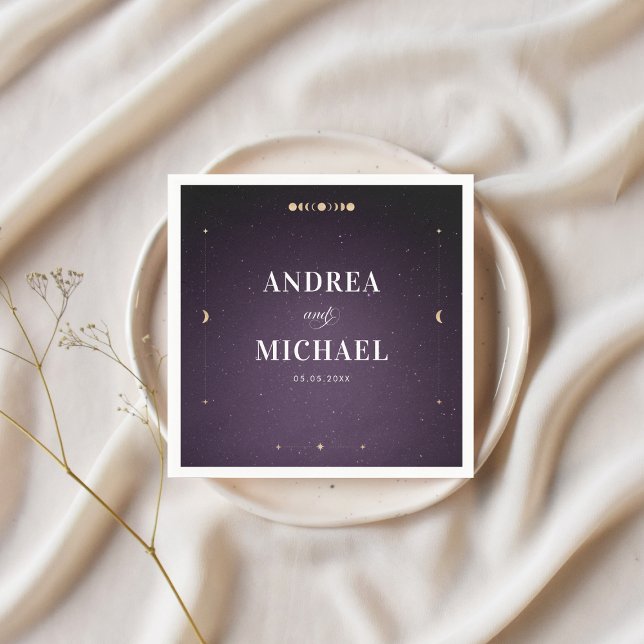Lila Galaxy Gold Moon Celestie Wedding Party Serviette (Von Creator hochgeladen)