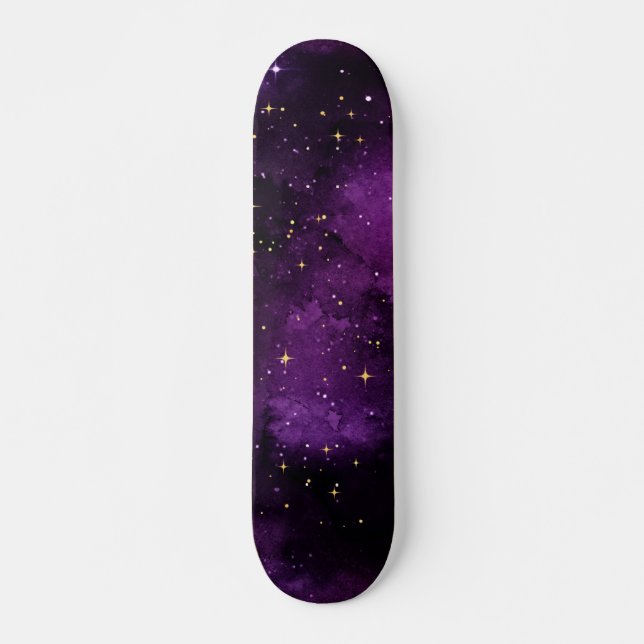 Lila Galaxy Universe Gold Stars Glitzern kosmisch Skateboard (Vorne)