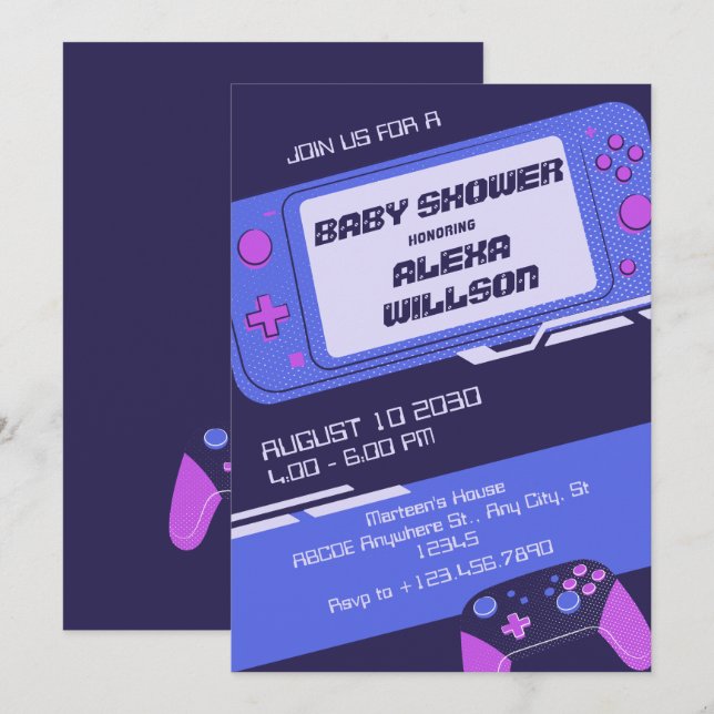 Lila Gamer-Babydusche Einladung (Vorne/Hinten)