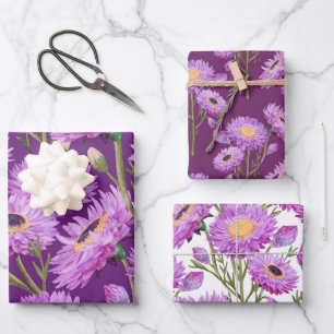Lila Gänseblümchen-Blüten Geschenkpapier Set