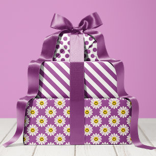 Lila Gänseblümchen gestreift und gepunktet  Geschenkpapier Set