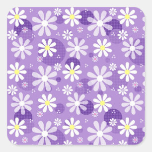 Lila Gänseblümchen und Gingham-Polka-Punkte Quadratischer Aufkleber