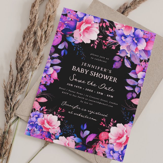 Lila Garden Bloral Baby Dusche Rett Datum Schwarz Einladung (Purple Garden Floral Baby Shower Save Date Black Invitation)
