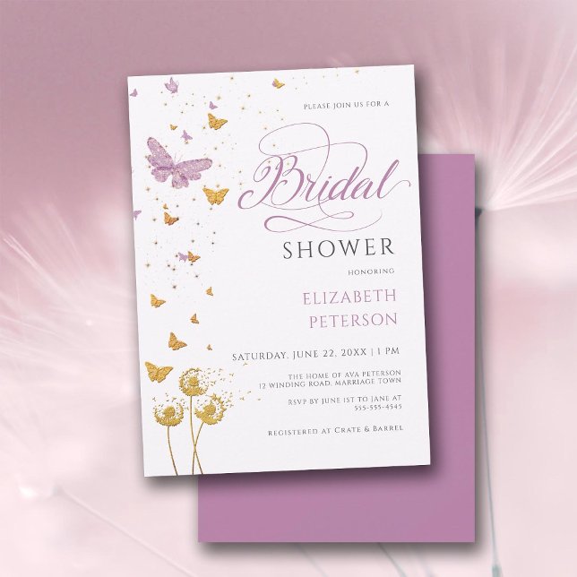 Lila Garden Butterfly Wildblumen Brautparty Einladung (purple gold bridal shower invitation butterflies wildflowers garden elegant boho rustic romantic)