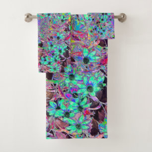 Lila Garten mit psychedelischen Aquamarin-Blumen Badhandtuch Set