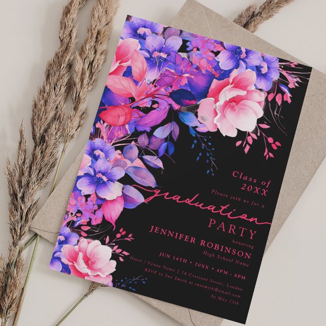Lila-Gartenblumenabitur Schwarz Einladung (Purple Garden Floral Graduation Party Black Invitation)