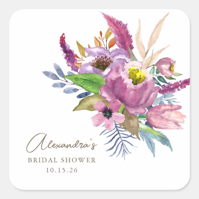 Lila Gartenflorale Minimalistische Dusche Quadratischer Aufkleber (Vorderseite)