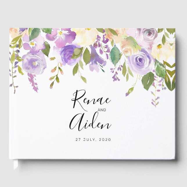 Lila Gästebuch mit Blumenbeete, mauvische Hochzeit (Vorderseite)