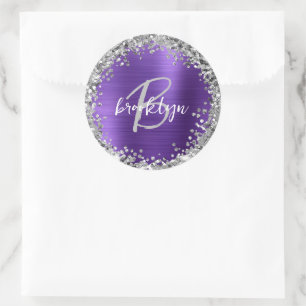 Lila gebürstetes Metall Silber Glitter Monogramm  Runder Aufkleber