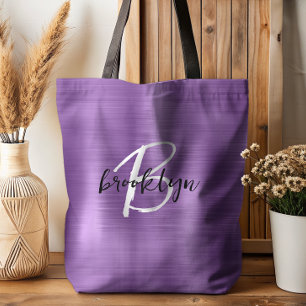 Lila gebürstetes Schwarz-weißes Script Monogram Tasche