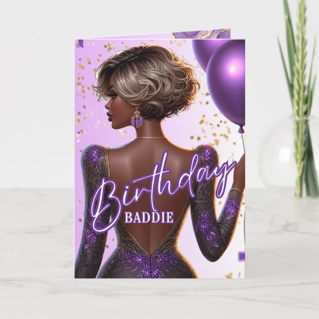 Lila Geburtstag einer strahlenden Afrikanerin Karte (Vorderseite)
