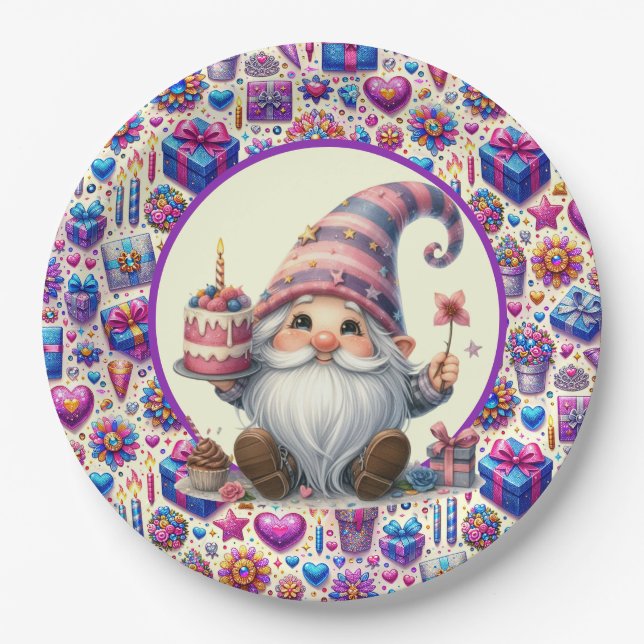 Lila Geburtstagsgnome Pappteller (Vorderseite)