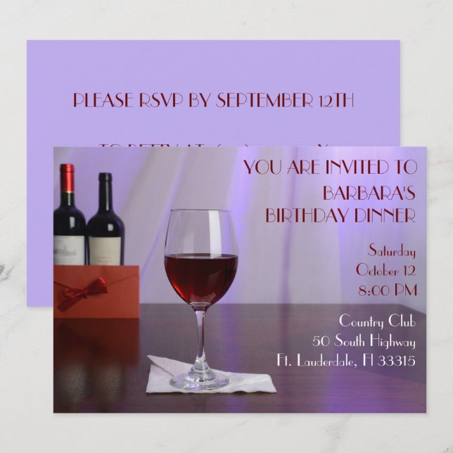 Lila Geburtstagsparty mit raffiniertem Rotwein Einladung (Vorne/Hinten)