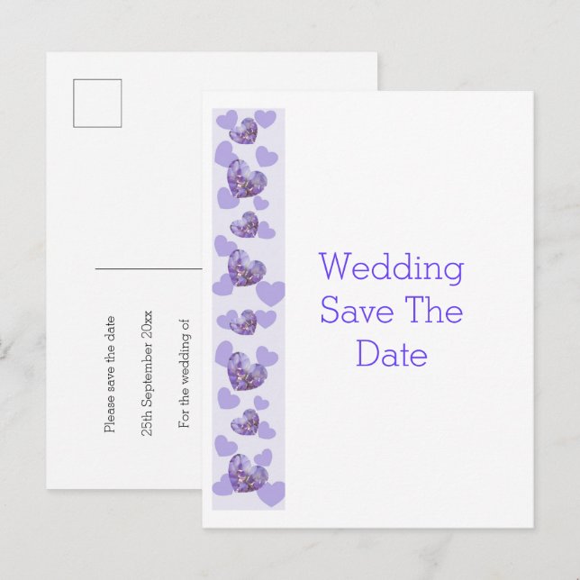 Lila gefärbtes Blumenherz - Hochzeit retten das Da Ankündigungspostkarte (Vorne/Hinten)