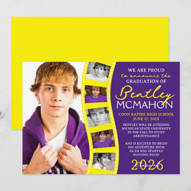 Lila & Gelb Foto Filmstrip Grad Ankündigung (Vorne/Hinten)
