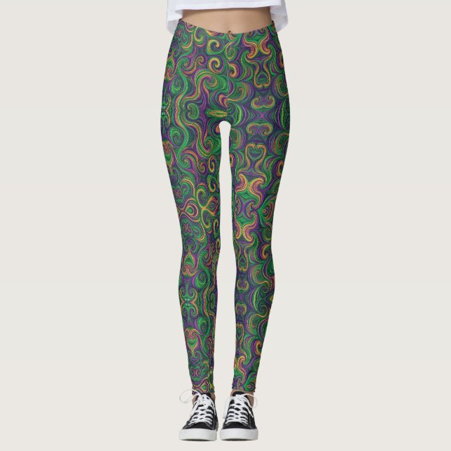 Lila-gelb-grün Mardi Gras Wirbel abstrakt Leggings (Vorderseite)