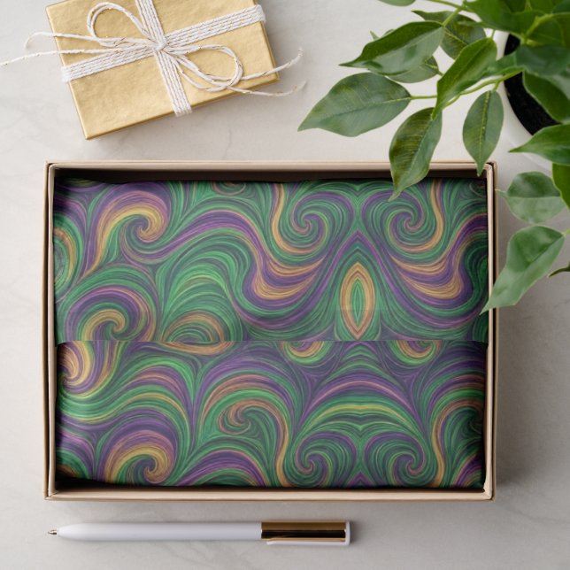 Lila-gelb-grün Mardi Gras Wirbel abstrakt Seidenpapier (Geschenk)
