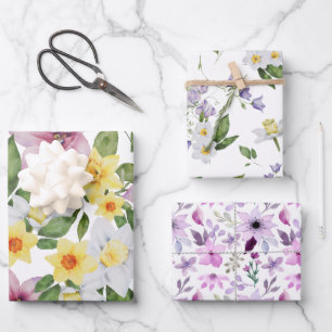 Lila-gelb-grüne Blumengrün für sie Geschenkpapier Set