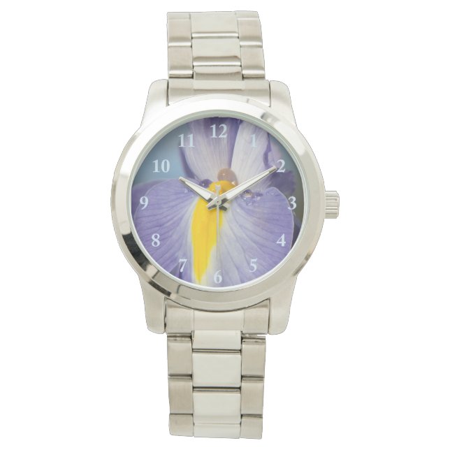 Lila & gelb Iris Raindrops Frauen-Uhr Armbanduhr (Vorderseite)