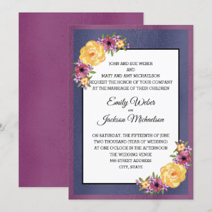 Lila Gelb Marineblau Juwel Ton Blumen Hochzeit Einladung