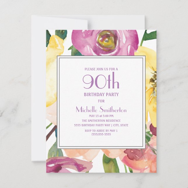 Lila-Gelb-Rosa-Aquarellfarben Floral 90. Geburtsta Einladung (Vorderseite)
