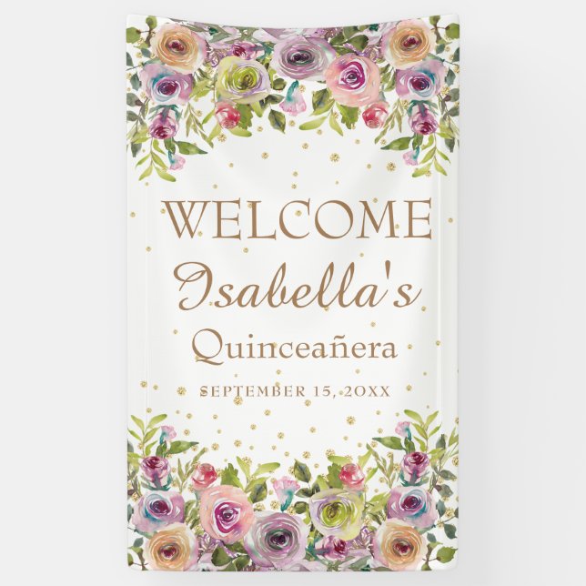 Lila-Gelb-Rosa-Blütengold-Glitzer Quinceañera Banner (Vertikal)