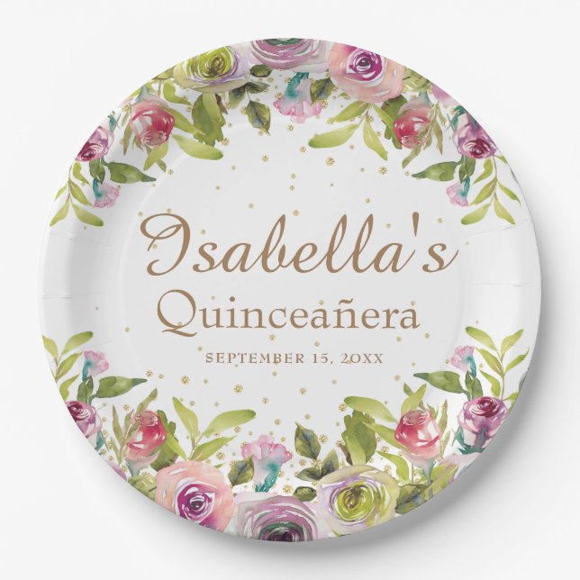 Lila-Gelb-Rosa-Blütengold-Glitzer Quinceañera Pappteller (Vorderseite)