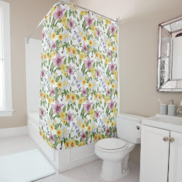 Lila-gelb-weiß-grün-floraler Boho Chic Duschvorhang