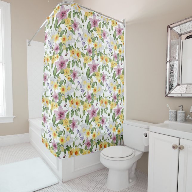 Lila-gelb-weiß-grün-floraler Boho Chic Duschvorhang (Beispiel)