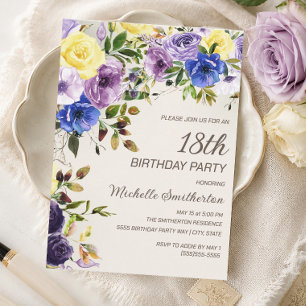 Lila Gelbe Aquarell-Blumen 18. Geburtstag Einladung