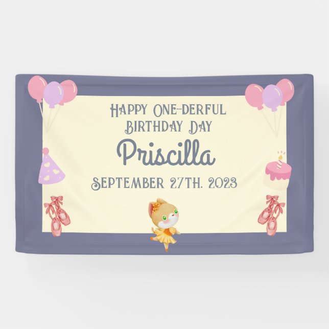 Lila Gelbe Ballerina Katze Kindergeburtstag Party Banner (Horizontal)